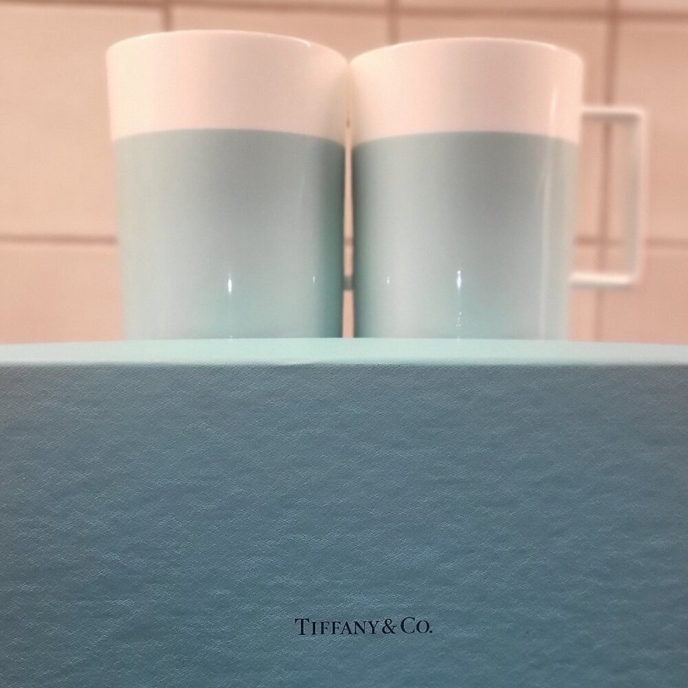 Tiffany & Co Set of 2 (new in box) pastel blue and white bone china cups 4" tall